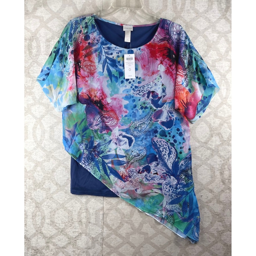 Chico's Summer Paisley Canvas Drama Top Women 0 Small Multi Asymmetrical Chiffon